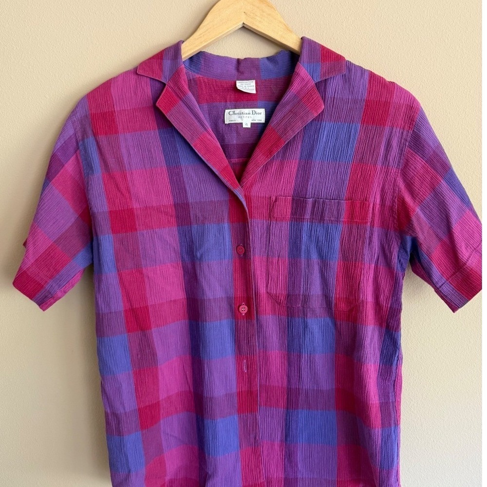 Christian Dior Petites Vintage Cotton Plaid Short Sleeve Button Down
